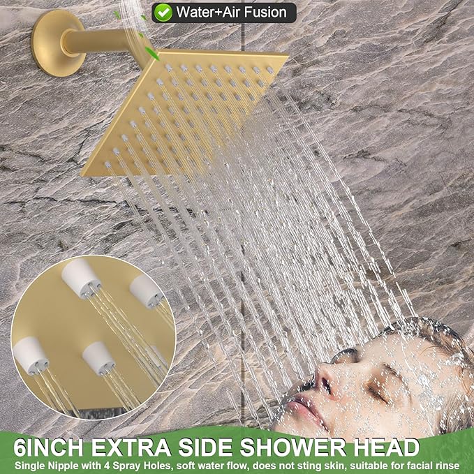 HOMEDEC 15.7x31.5" Ceiling Rain Shower System with Handheld, 6 Spray Jets, and Dual Side 6" Wall Mount Shower Head, Brushed Gold