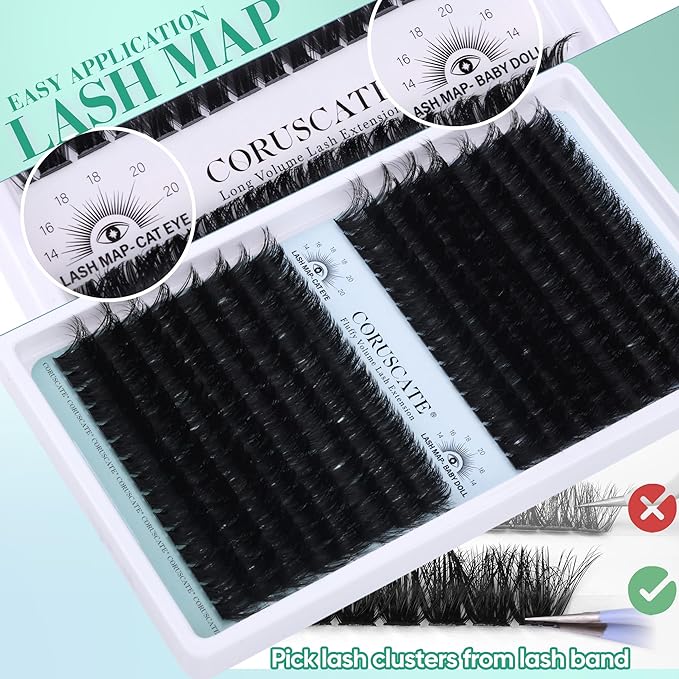 CORUSCATE Lash Clusters 120D+150D Eyelash Clusters Long Individual Lashes 14-18mm Thick Cluster Eyelash Extensions 256pcs Volume Strip Eyelashes Mink DIY Cat Eye Lashes Extension