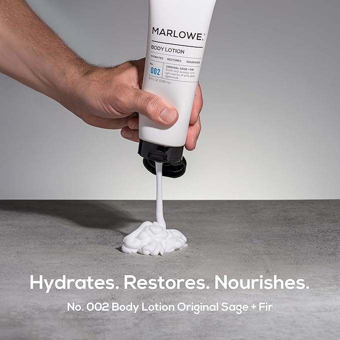 MARLOWE. No. 002 Body Lotion 8 Oz, Moisturizing & Nourishing Daily Dry Skin Lotion for Men, Made with Hydrating Natural Aloe Vera, Non-Oily, Sage & Fir Scent, Vegan