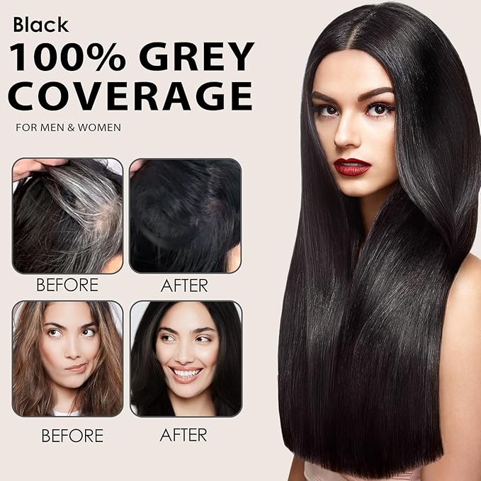 Hair Dye Shampoo 3 in 1 for Women & Men, 100% Gray Coverage Root-to-Tip Coloring & Care, Long-Lasting Hair Color Shampoo with Natural Extracts, Easy Home Use for All Hair Types 16.9 fl oz (Black)