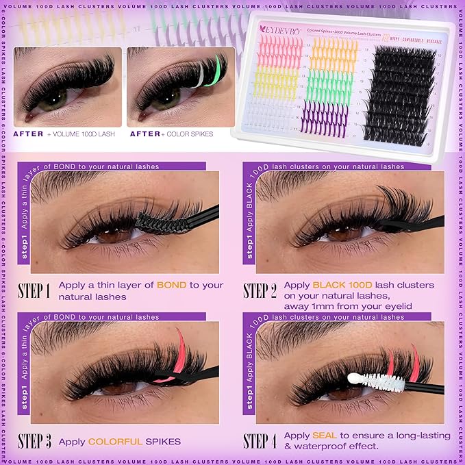 EYDEVRO Colored Lash Clusters with Spikes 100D Volume Eyelash Clusters 10-18mm Mixed Lengths Colorful Cluster Eyelash Extensions Spiky Pink Orange Yellow Green White Purple Cluster Lashes