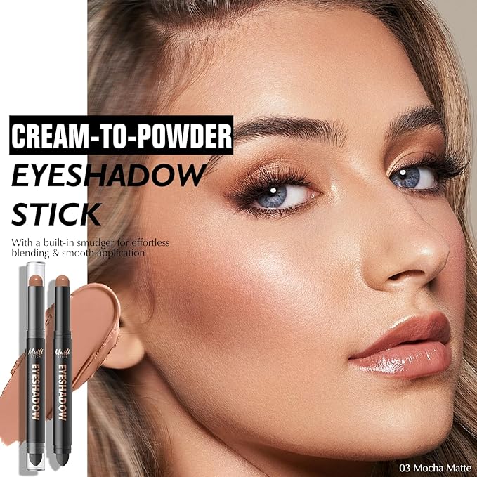 Dual-Ended Mocha Matte Eyeshadow Stick - Long-Lasting Cream Eye Shadow Stick Crease-Proof Eyeshadow Pencil, Easily Blendable Multi-Use Neutral Eyeliner Contour Makeup with Built-in Smudger, 03