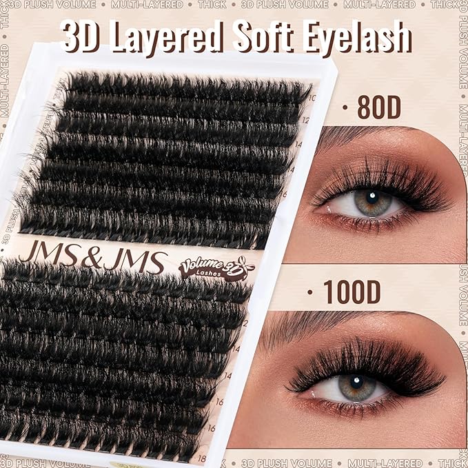 JMS&JMS Lash Clusters Fluffy 80D 100D Individual Lashes D Curl Cluster Eyelash Extensions 10-18mm DIY Lash Extension Volume Thick Eyelash Clusters