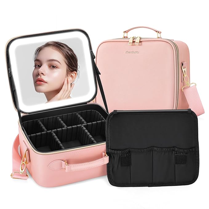 ZhenGuiRu Travel Makeup Bag Cosmetic Organizer Bag with Lighted Mirror, Waterproof Makeup Bag with Light Up Mirror, Travel Makeup Case for Cosmetic Brush Holder Storage, Large Toiletry Bag Women Gift