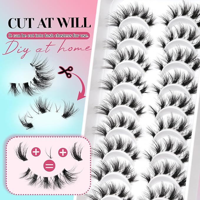 Losha Lashes Wispy Cat Eye Lashes 10 Pairs Natural False Eyelashes with Clear Band 7-15mm Fake Lashes C Curl Lash Strips Lightweight with Soft Design (FT03)