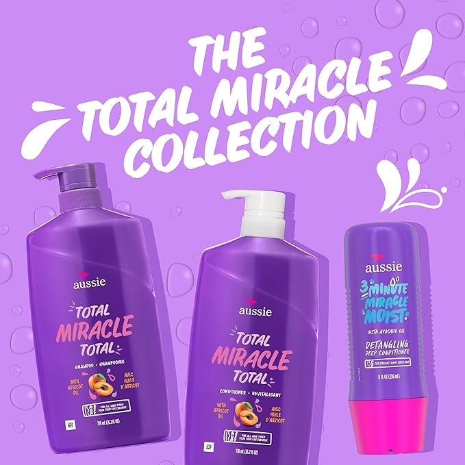 Aussie Total Miracle Hair Care Bundle: Shampoo, Conditioner, and 3 Minute Deep Treatment with Apricot & Macadamia Oil, Paraben-Free for Damaged Hair, 26.2 & 8 Fl Oz