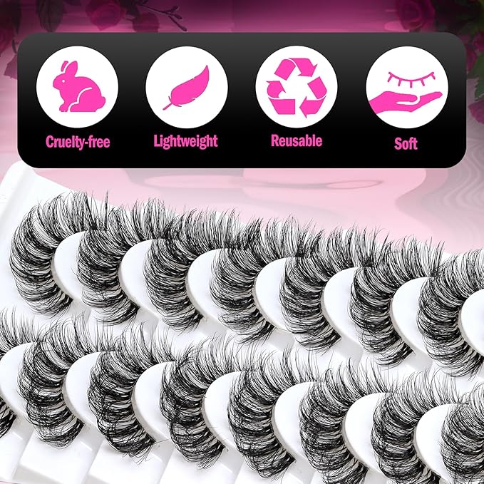 Veleasha Lashes Russian Strip Lashes Eyelashes with Clear Band Looks Like Eyelash Extensions D Curl Lash Strips 10 Pairs Pack (DT01)