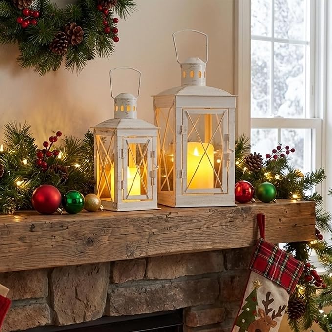 TRIROCKS Set of 2 Decorative Candle Lantern 12'' & 8'' High Metal Candle Holder Hanging Lantern Perfect for Home Decor Patio Living Room Parties Events Tabletop Indoors Outdoors (White)