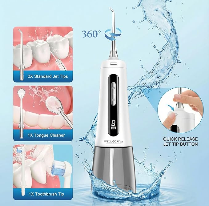 Wellooriya Cordless Water Flosser for Teeth – 300mL Large Tank, 9 Pressure Levels, LED Display, USB-C Rechargeable, IPX7 Waterproof Dental Oral Irrigator for Home & Travel (White)