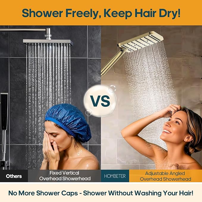 Hombeter Shower Heads with Handheld Spray Combo Gold, 10 Inch High Pressure Rain/Rainfall Shower Head, Height Adjustable Dual 2 in 1 Shower Head System with Stainless Steel Hose