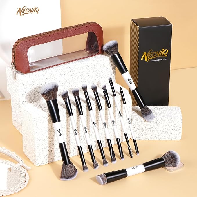 NEONIQ 10 PCS Foundation Contour Conceal Brush Set With Bag, Makeup Brushes, Double-End Multi-functional Brushes for Foundation Powder Blush Eyeliner Eyeshadows, Professional Face Brush Set（White）