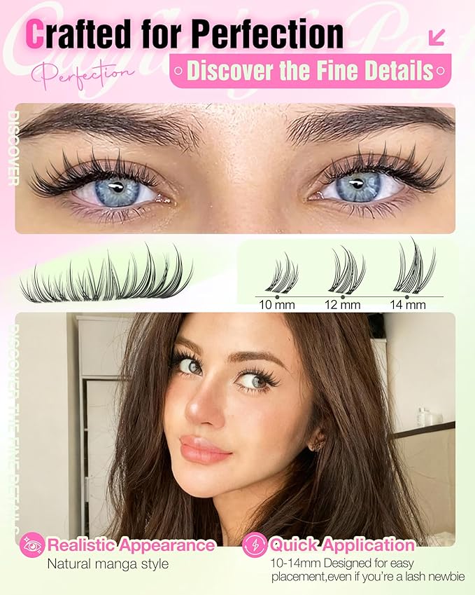 Short 10-12-14mm Lash Clusters Kit Manga Eyelash Clusters Kit Wispy Cluster Eyelash Extensions Clear Band Natural Lash Extension Kit Fairy Cluster Lashes by Delyneph