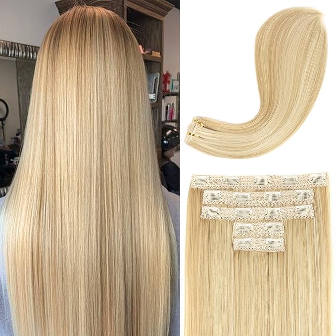 REECHO Clip in Hair Extensions, Hair Extensions Thick Long Lace Weft Lightweight Synthetic Hairpieces for Women (24 Inch-240 Gram(Pack of 5), Golden with Highlights)