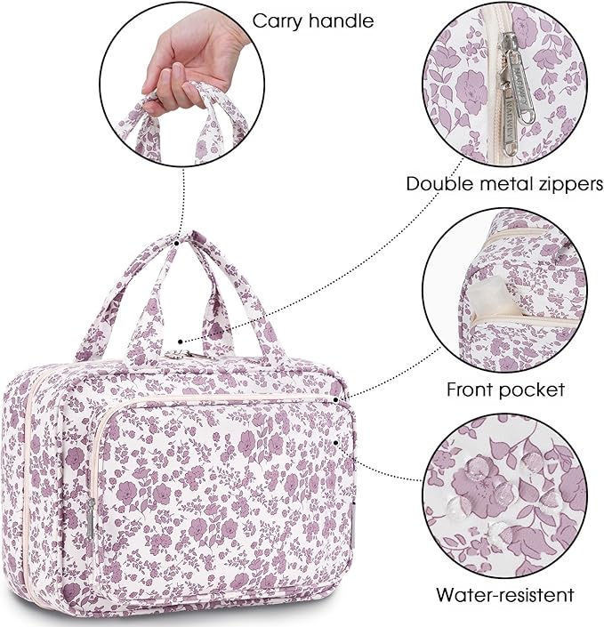 Narwey Travel Toiletry Bag for Women Large Hanging Makeup Bag Organizer Toiletries Bag for Full Size Essentials Accessories Cosmetics (Little Dusty Pink Flower (Large))