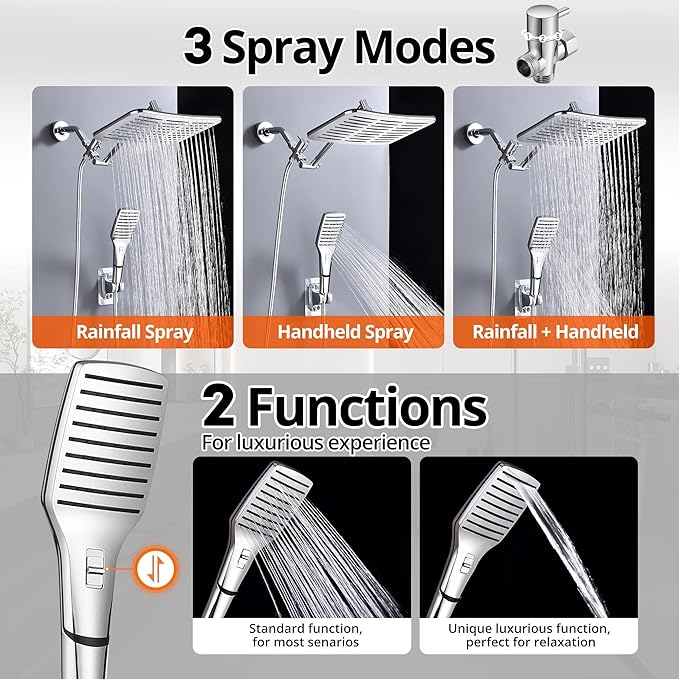 XXL 12.2" Rain Shower Head with Handheld Spray Combo, High Pressure Rainfall Shower Head, Height Adjustable Dual Shower Head, Luxury Waterfall Showerhead Bathroom