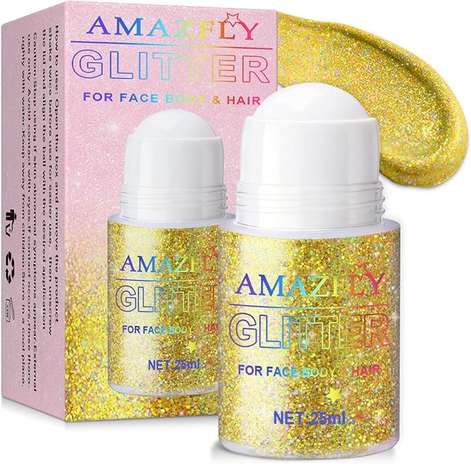 Roll-on Body Glitter Gel Holographic for Face and Hair,Body Glitter Gel Makeup for Kids Women,Body Shimmer Christmas Makeup for Rave Party.(Dazzling Gold)