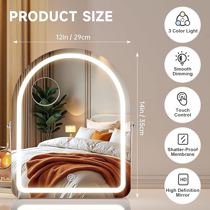MINISO Vanity Mirror with Lights and Bluetooth Speaker-11.5" x 14" Arched Makeup Mirror with 3 Color Lights, Adjustable Brightness,10X Magnification