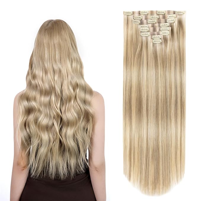 Clip in Hair Extensions Real Human Hair Seamless Clip Ins 100% Remy Hair Extensions PU Weft Golden Blonde Mix Light Blonde Thick&Invisible #P16A/22A 20Inch 120G 8PCS