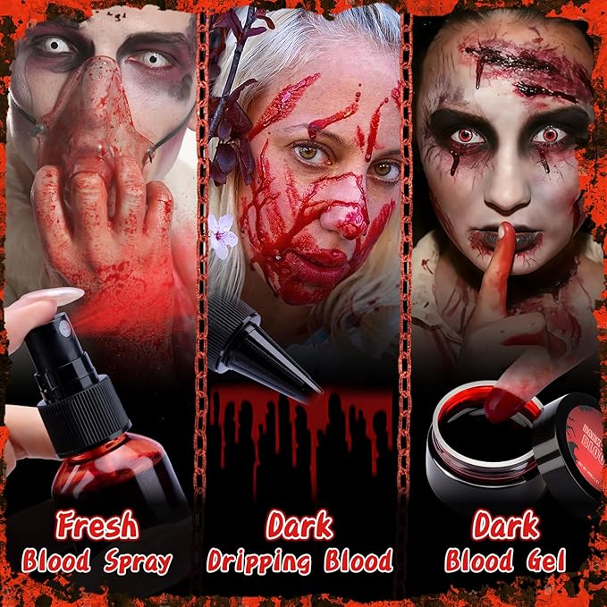 TonJin Halloween Fake Blood Makeup Kit, 3PCS Realistic Washable Costume Blood Set (1.69oz Spray + 1.69oz Dripping + 1.01oz Coagulated ) for Zombie Vampire SFX, Dark Coagulated & Fresh Spray Effects