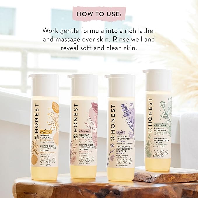 The Honest Company 2-in-1 Cleansing Shampoo Body Wash Gentle for Baby, Naturally Derived Tear-free Hypoallergenic Sweet Almond Nourish 10 fl oz