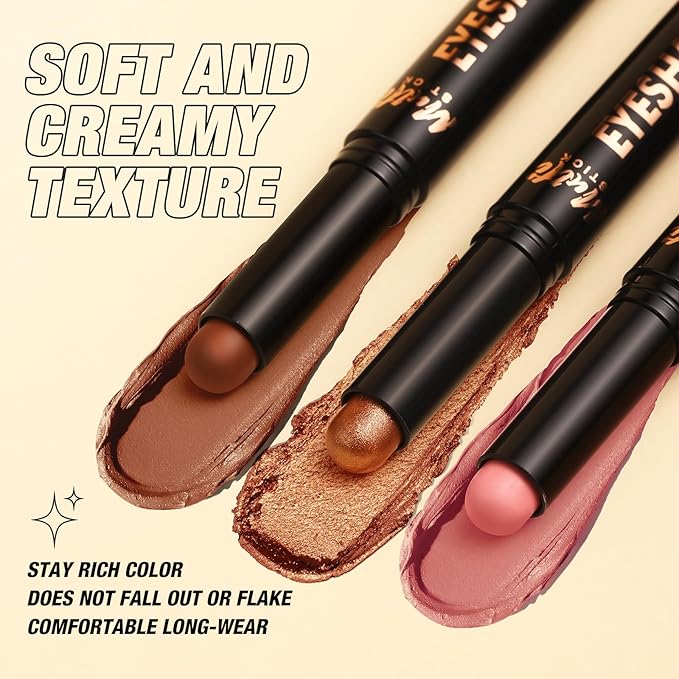 LANGMANNI 4Colors Dual-Ended Cream Eyeshadow Stick Set – Silky Smooth, Waterproof & Transfer-Proof, Built-in Blender Brush, All-Day Matte & Shimmer Wear Eye Makeup(#1+2+3+4)