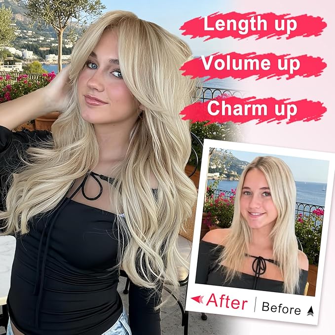 ALXNAN Long Wavy Layered Hair Extensions for Women, Clip in Hair Extensions Clip Ins Soft Full Head Synthetic Hairpieces 20 Inch Light Brown with Platinum Blonde