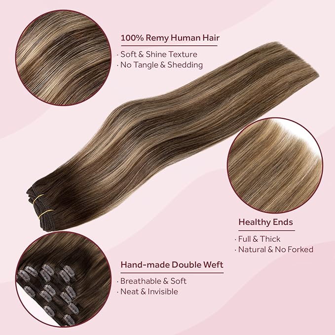 Clip in Hair Extensions Real Human Hair, Invisible Clip In Hair Extensions 100% Human Hair, Balayage Chocolate Brown to Caramel Blonde #4TP27/4 20Inch 120G 7PCS