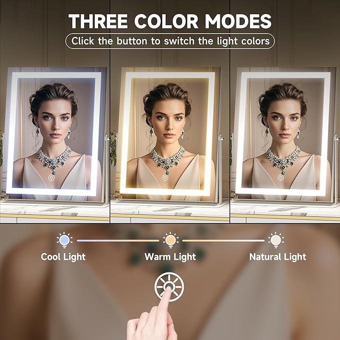 Hasipu Vanity Mirror with Lights, 11.4" x 13.8" LED Makeup Mirror, 3 Color Modes Touch Control and Brightness Adjustment Lighting Mirror, 10X Magnifying Glass, 360° Rotation