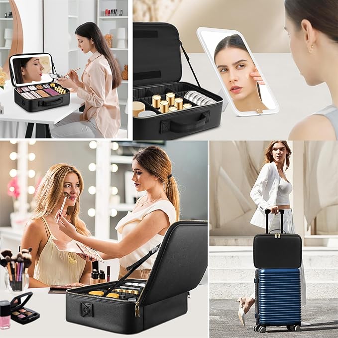 Suupvaor 15''X11'' Large Makeup Bag with Removable Lighted Mirror, Professional Travel Makeup Train Case PU Leather Cosmetic Make up Organizer with Adjustable Dividers & Brush Storage Board