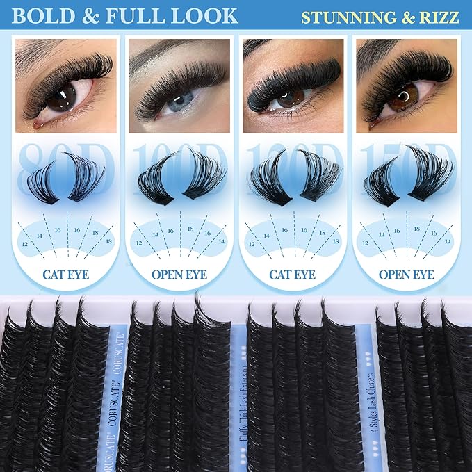 CORUSCATE Lash Clusters Long 14-20mm Eyelash Clusters 80D+100D+120D+150D Volume Cluster Eyelash Extensions Thick 284pcs Individual Lashes Strip Mink Eyelashes DIY Wispy Lash Extension