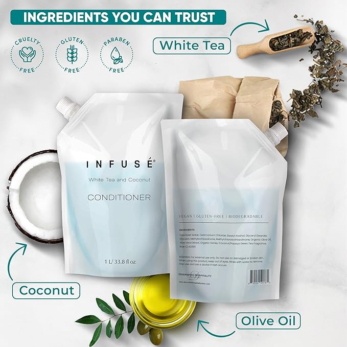 INFUSÉ 1 Liter Conditioner Refill Bag For Soap Dispensers | Bulk Toiletries for Vacation Rentals, and Home Bathroom Showers | White Tea and Coconut | Set of 3