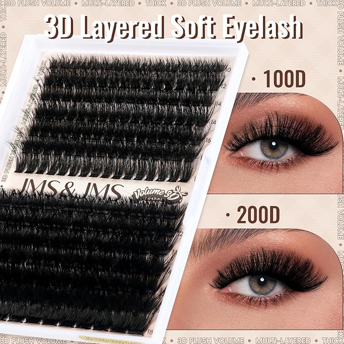 JMS&JMS Lash Clusters 3D Effect Cluster Lashes 100D+200D D Curl Lash Cluster Eyelash Extensions Mix10-18mm Individual Eyelashes Clusters Wispy Lash Clusters Thin Band Soft to Use at Home