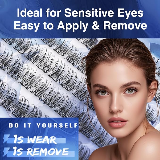 Self Adhesive Eyelash Clusters, 72PCS No Glue Needed Press On Lashes, Natural Look Pre-Glued Cluster Lashes, Ultra-Thin & Lightweight, Easy Apply for Beginners (D Curl, No Residue, Long Lasting)