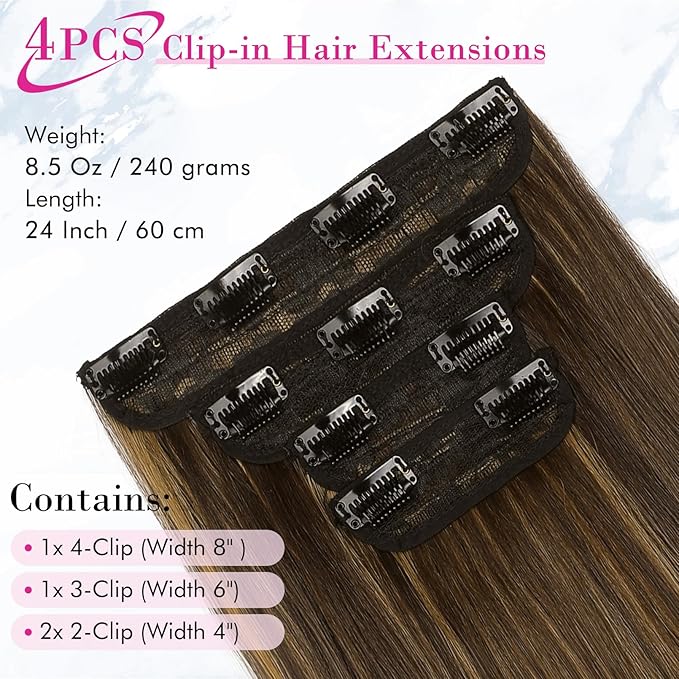 REECHO Hair Extensions, 24" Straight Long Thick 4 PCS Set Thick Clip in on Hair Extensions -Dark Brown with Highlights