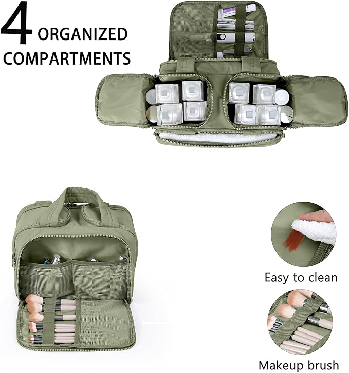BUZFOWU Travel Toiletry Bag for Women, Large Wide-open Puffy Cosmetic Makeup Bag with Wet-Dry Separation, Multi-Pocket Organizer with Carry Handle for Toiletries, Cosmetics, Essentials, Green