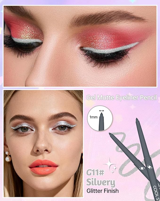 Glitter Gel Eyeliner Pencil,Retractable Cream Silvery Eye Liner Pencils,Waterline Eye Makeup Liners,Waterproof & Smudge Proof Eyeliner Facial Makeup Gift for Mature Women,Girls,Christmas– G11 Silvery