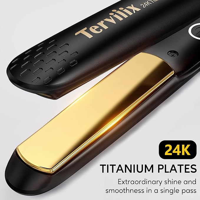 Terviiix 100% Titanium Flat Iron, 24K Salon Professional Hair Straightener and Curler 2 in 1, Non-Snagging Straightening Iron for One Swipe, 15s Ultra Fast Heating, Dual Voltage, Auto Shut Off, 1''