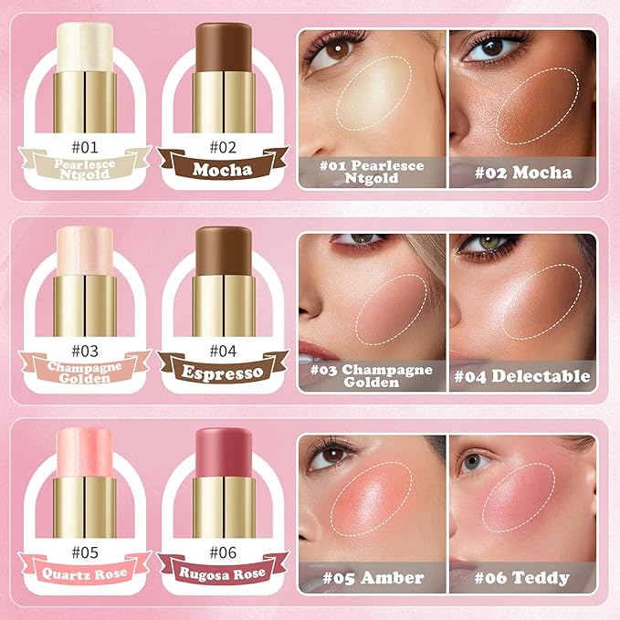 AWCCXMYM 6 Colors Cream Contour Stick Makeup Set Dual-ended Blush & Highlighter Bronzer Stick for Sculpt the Cheeks Long Lasting & Waterproof Matte Finish Face Contouring Set B