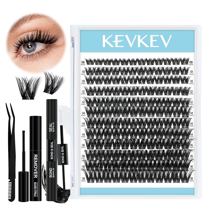 KevKev Lash Clusters Kit Eyelash Clusters Kit 144pcs Cluster Eyelash Extensions Kit DIY Lash Extension Kit Wispy Lash Clusters with Lash Bond and Seal Lash Applicator Lash Remover(Land, D-8-18mix)