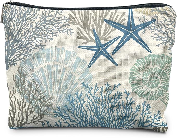 RYYCDOI Ocean Starfish Coral Seashell Beach Makeup Bag, Marine Life Sea Animals Cosmetic Bags for Women, Beach Vacation Gifts, Ocean Themed Gifts