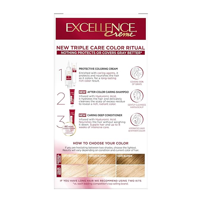 L'Oreal Paris Excellence Crème Permanent Hair Dye, Triple Care Hair Color with Hyaluronic Acid for 100% Gray Coverage, 10 Lightest Ultimate Blonde, 1 Kit (Packaging May Vary)
