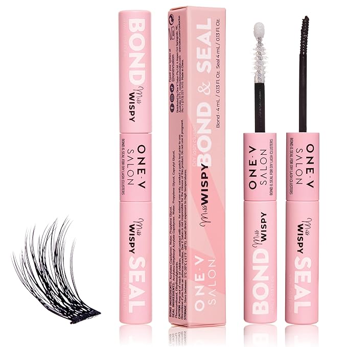One V Salon Miss Wispy Lash Bond & Seal, 2-in-1 Super-Strong Bond & Seal Lash Glue Tube (0.13 Fl Oz + 0.13 Fl Oz) Waterproof & Non-Clumpy, Longer Retention of False Cluster Extensions, Hypoallergenic