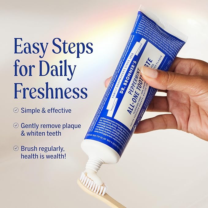 Dr. Bronner’s All-One Toothpaste Pack of 3– Peppermint, 5 oz– Fluoride-Free Toothpaste for Adults, SLS-Free, 70% Organic & Natural Ingredients, Vegan, Helps Freshen Breath & Reduce Plaque