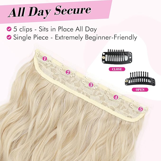 REECHO Blonde Hair Extensions, 20” Single Piece Clip in Hair Extensions Thick Long Beach Wavy Natural Soft Synthetic Hairpieces for Women, Cool Light Blonde