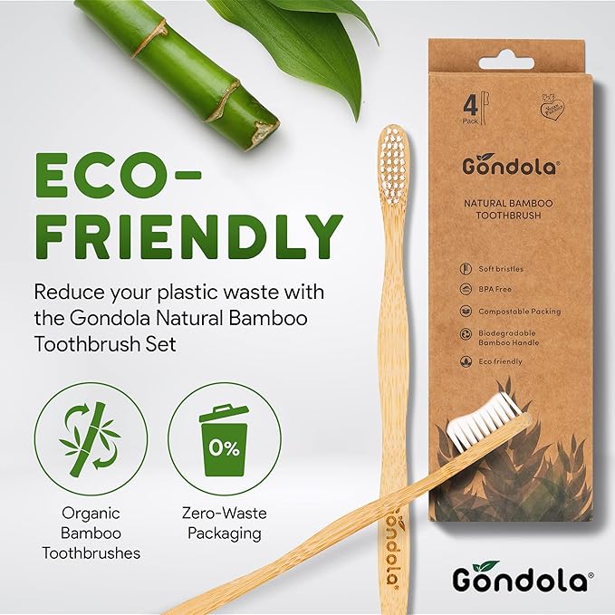 Gondola Organic Bamboo Toothbrushes Adults - 4 Pack - Soft Bristles for Sensitive Gums - Bamboo Toothbrush for Adults - Gentle Cleaning - Wellness Essentials Manual Toothbrush for Home & Travel