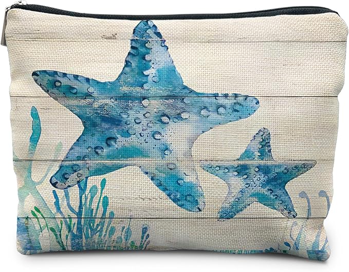 RYYCDOI Ocean Starfish Beach Makeup Bag, Marine Life Sea Animals Cosmetic Bags for Women, Ocean Themed Gifts