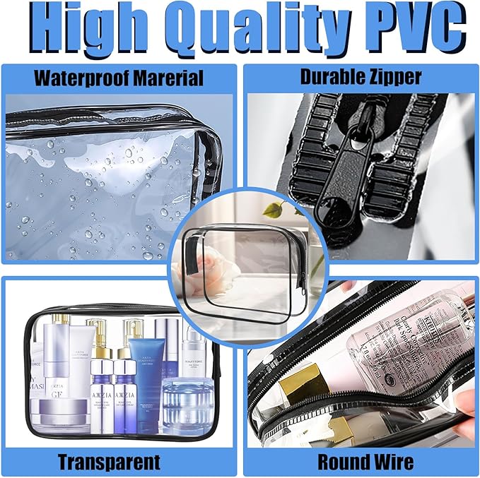 Eilyliafe 12 Pcs Clear Toiletry Bag PVC Waterproof Zippered PVC Cosmetic Makeup Carry Pouch TSA Approved Toiletry Bag for Travel Clear Organizer Storage Bags (Medium, Black)