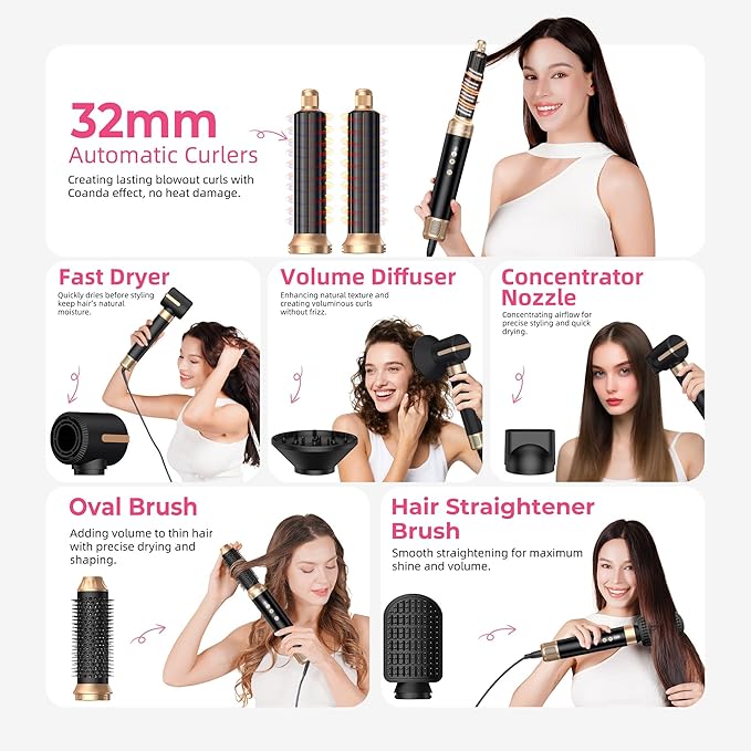 7 in 1 Blow Dryer Brush, Air Wrap Brush Set Hair Dryer Brush 110,000 RPM with Negative Ion Hair Styler Dry, Curling, Volumizing, Straightening and Styling (Black)