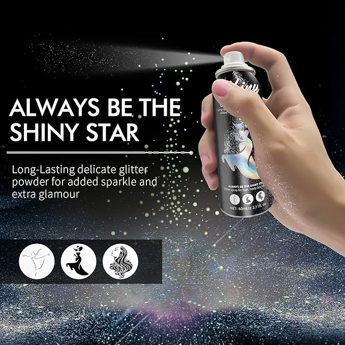 Body Glitter, Body Glitter Spray, Glitter Spray for Hair and Body, Long-Lasting and Quick-Drying Silver Glitter Hairspray Suitable for Stage, Festival Rave and Makeup Prom (2.11 Fl Oz)