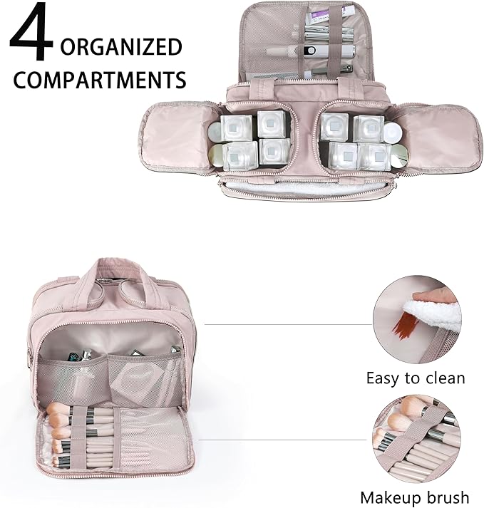 BUZFOWU Travel Toiletry Bag for Women, Large Wide-open Puffy Cosmetic Makeup Bag with Wet-Dry Separation, Multi-Pocket Organizer with Carry Handle for Toiletries, Cosmetics, Essentials, Light Pink